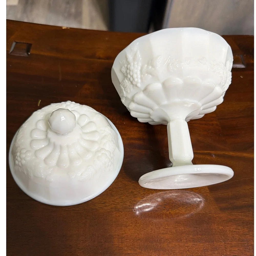 Westmoreland Milk Glass Paneled Grape Pedestal Candy Dish with Lid Vintage White